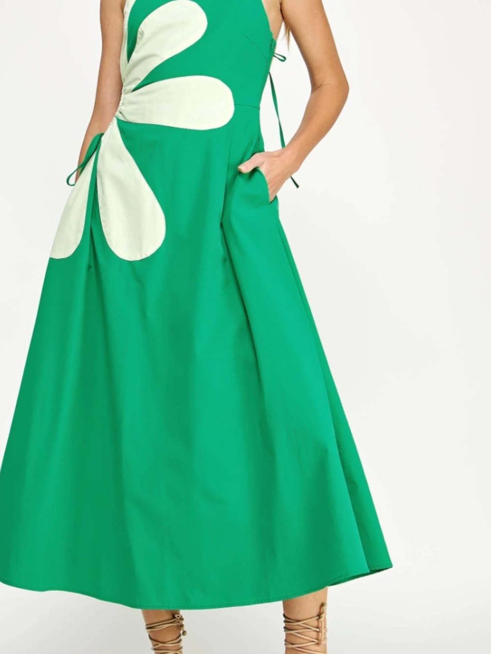 Green Maxi Dress with White Floral Detail - Sleeveless Summer Dress